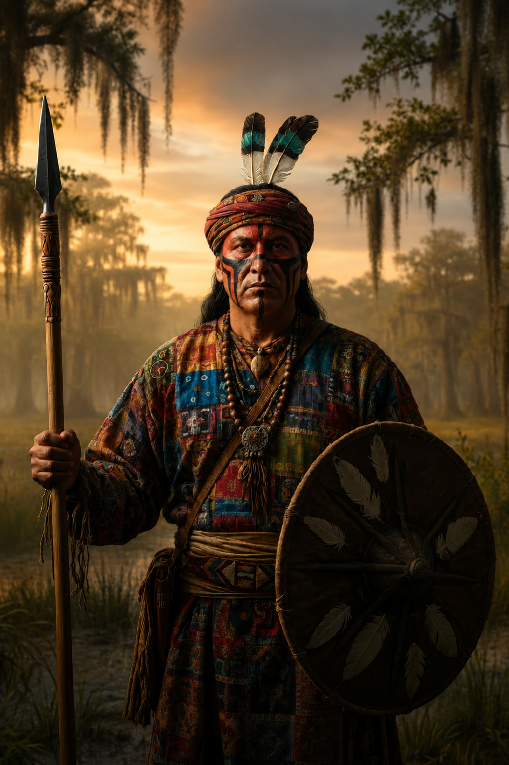 A person in a colorful patterned robe stands in a misty forest holding a spear and a round shield with feather details. The scene has warm golden light, hanging mossy trees, and a dramatic outdoor environment.
