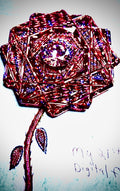 A digital illustration of a rose with intricate geometric wireframe petals in shades of red, purple, and pink, with a thorny stem and leaves on a white background with handwritten text in the lower right.