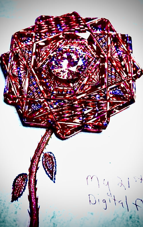 A digital illustration of a rose with intricate geometric wireframe petals in shades of red, purple, and pink, with a thorny stem and leaves on a white background with handwritten text in the lower right.