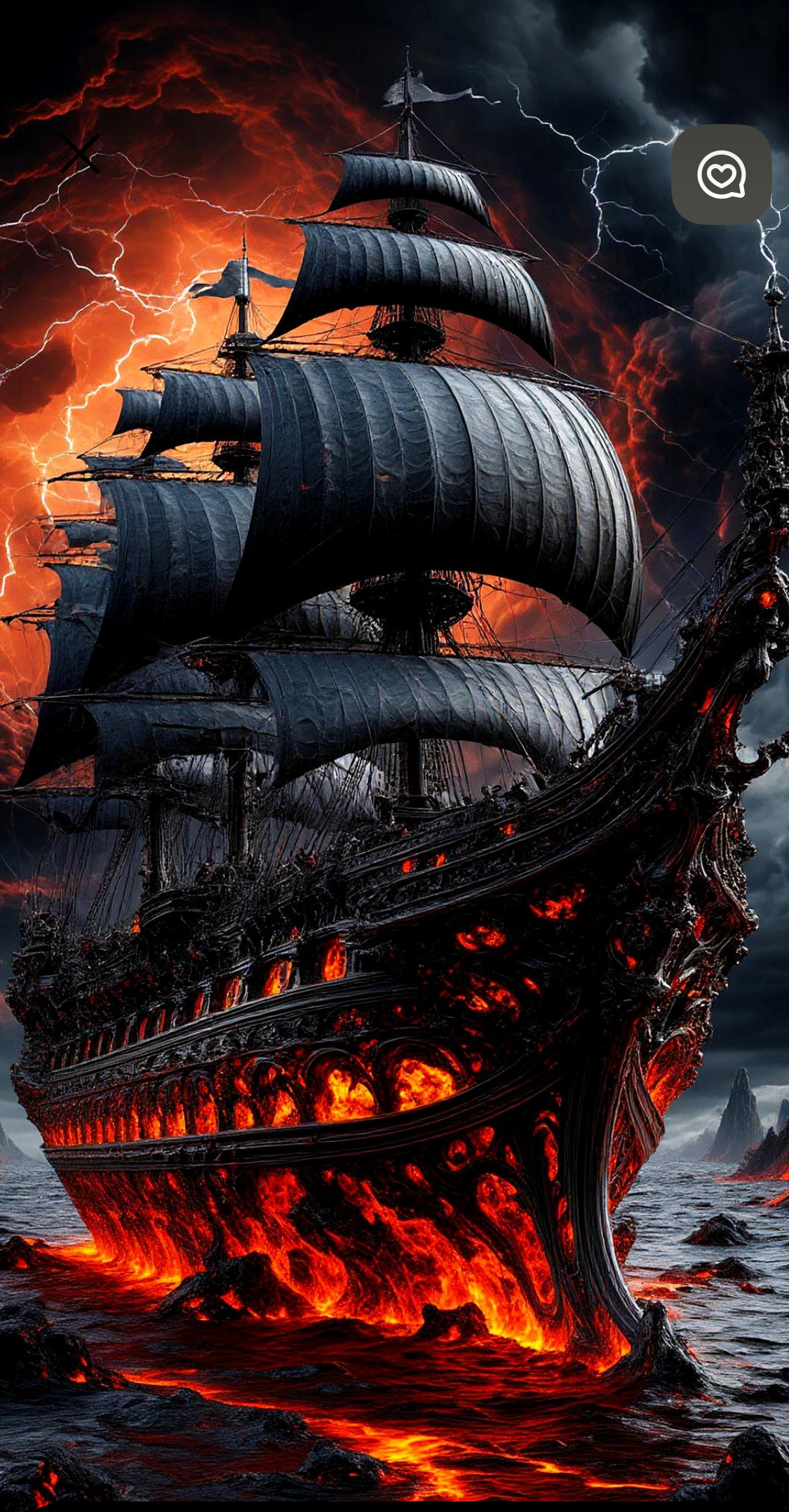 Sailing ship engulfed in flames on a dark background