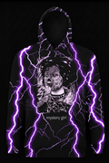 A black pullover hoodie featuring a detailed black-and-white graphic of a woman's face with lightning effects in bright purple running vertically down the front and around the hood. The text 'mystery girl' is printed near the bottom center.