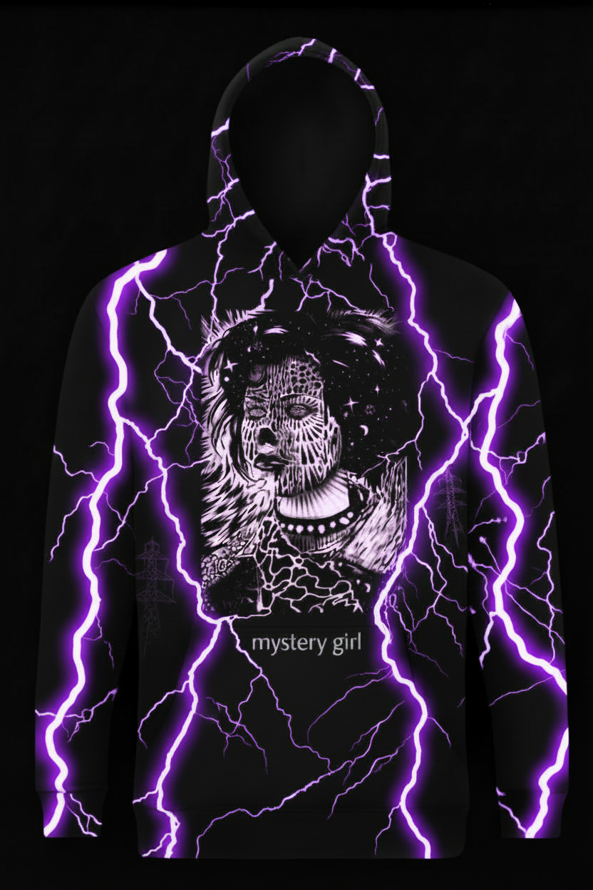 A black pullover hoodie featuring a detailed black-and-white graphic of a woman's face with lightning effects in bright purple running vertically down the front and around the hood. The text 'mystery girl' is printed near the bottom center.